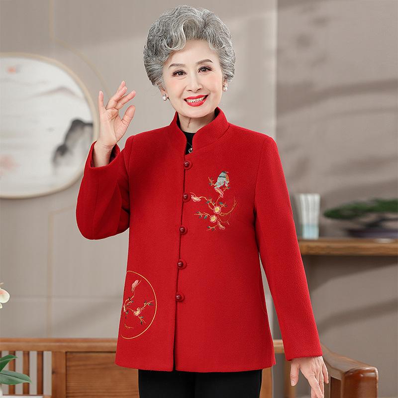 

Autumn clothing festive year 0 coat women s stand-up collar woolen old lady clothes 5XL (145-80kg recommended) красный