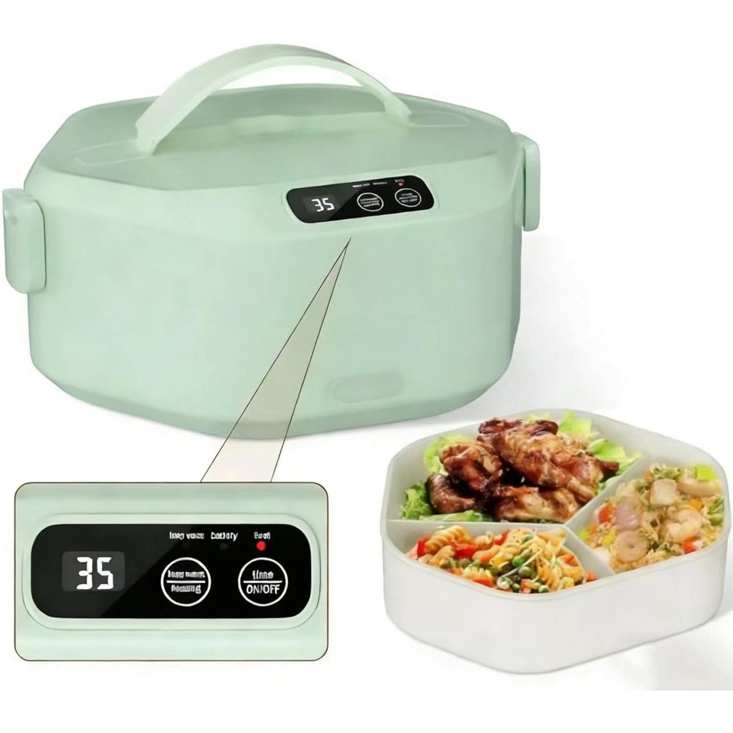 Cordless Electric Lunch Box, 1L Portable Lunch Box Warmer, Rechargeable Self-Heating Food Warmer with Smart Timer, Triple-Compartment Fast Heating
