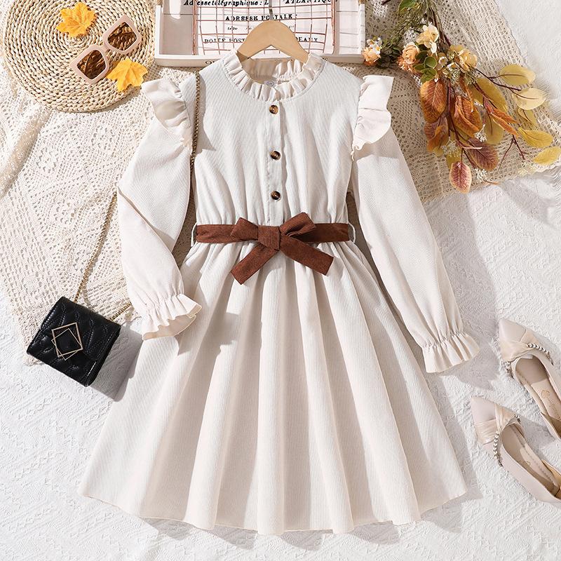 

Платье для девочек Осень Зима Новое Детское С оборками Длинный рукав Бант Британский стиль Вельвет Милое Платье принцессы 11Y бежевый