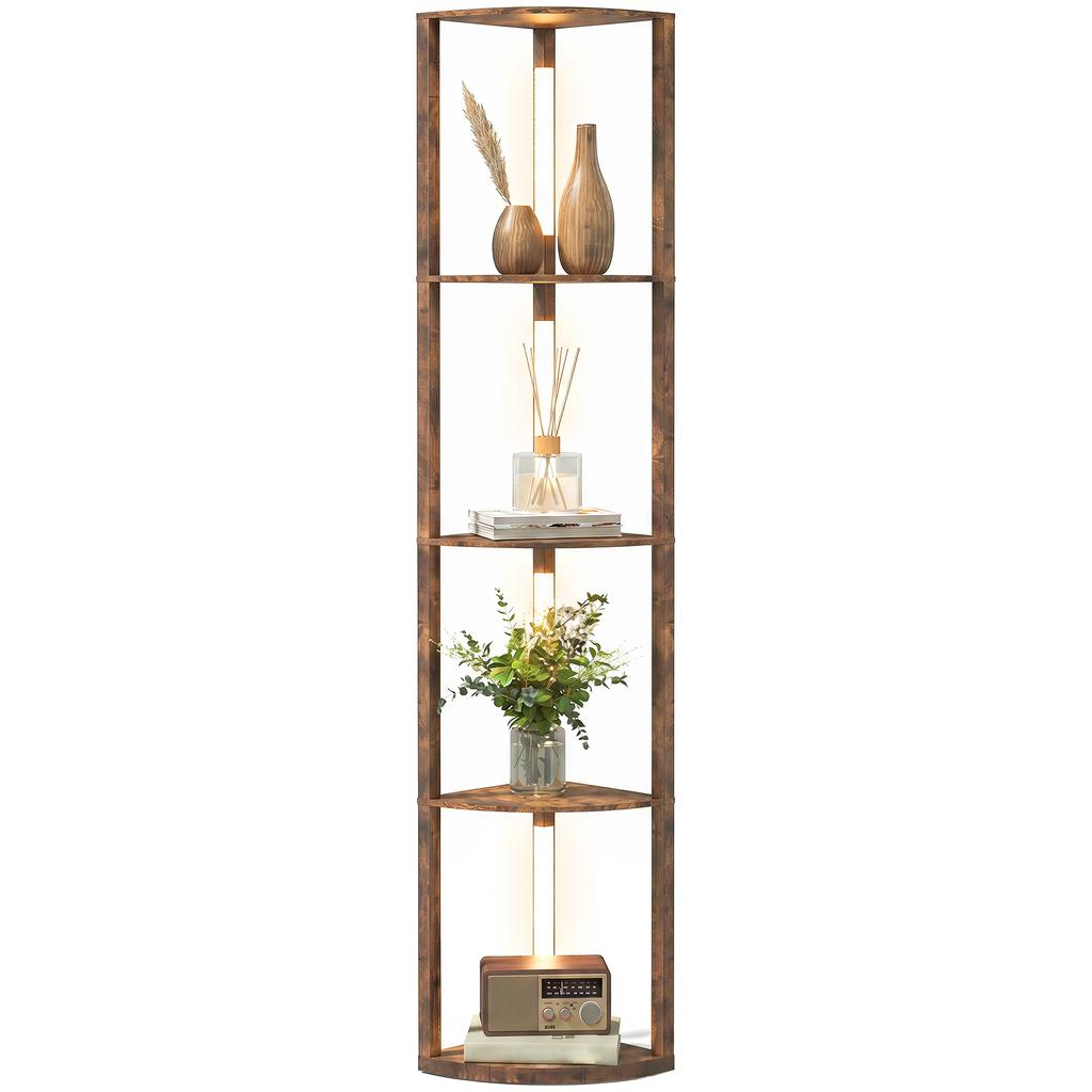 Lampada da Terra a LED con Mensole, 5 Livelli Dimmerabile, Lampada da Terra Moderna con 3 Livelli di Luminosità e Interruttore a Pedale, Marrone Rustico