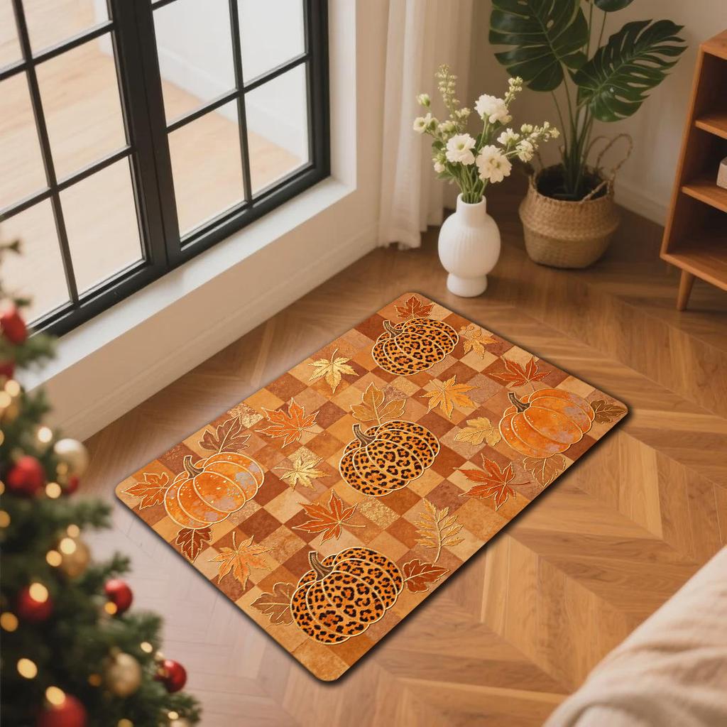 Fall Pumpkin Floor Mat Leopard Print Maple Leaf Checkered Pattern Anti‑Slip Washable Doormat Entryway Porch Home Decor