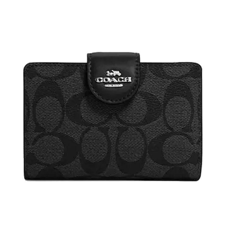 

COACH Signature Canvas Card Case, Black Bi-fold ID Wallet with Snap Closure, Fashion Casual Daily Credit Card Holder for Women, C0082-SVTSQ Basic Set (Bag+Dust Bag)