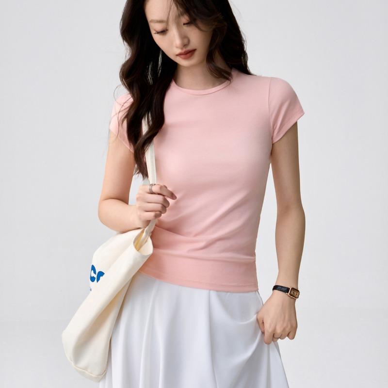 40 Combed Pure Cotton, Small Round Neck Bottoming Shirt T-shirt Women's Short-sleeved Summer New Simple and Versatile Slim and Thin Top