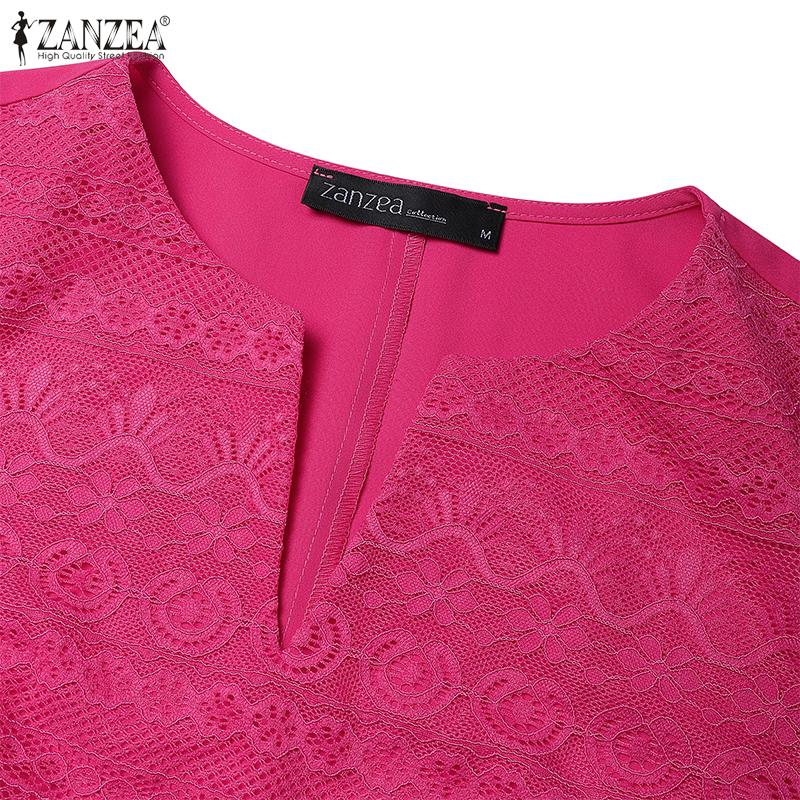 ZANZEA Women Casual V-Neck Summer Short Sleeve Lace Patchwork Dress