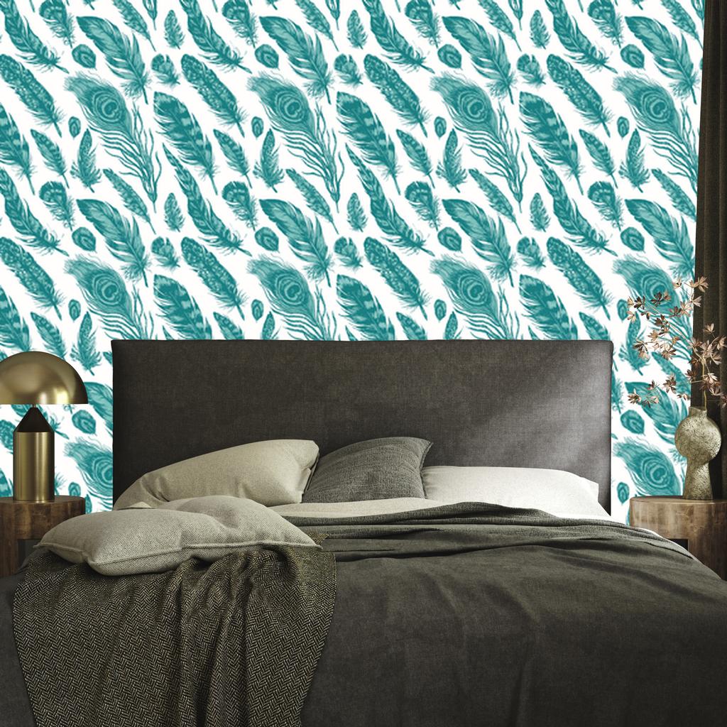 Wallpaper Turquoise feathers on a white background for the living room and bedroom 50x1000