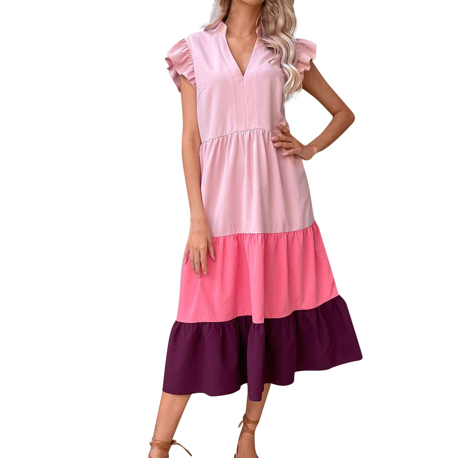 

(SU)Women s Summer Fashion New V-neck Patchwork Color Ruffle Sleeve Dress
