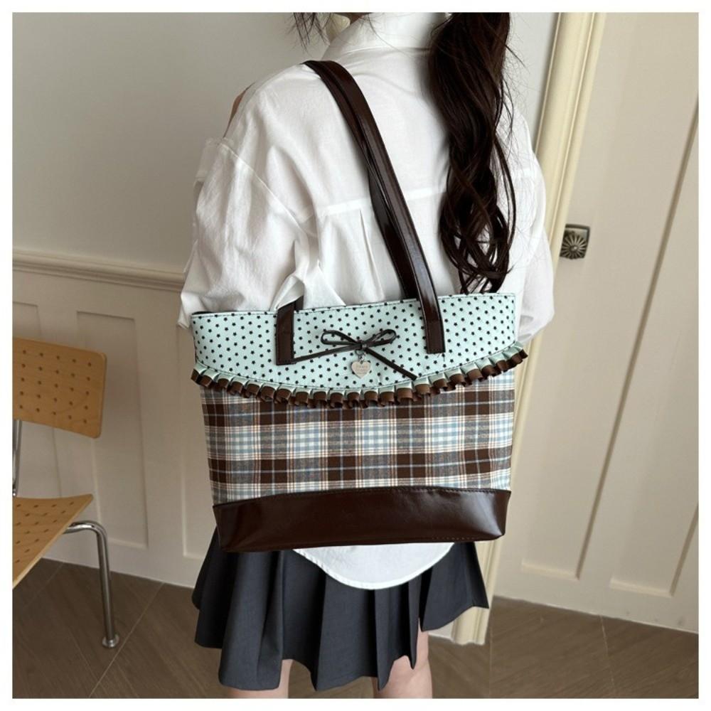 Trend Mint Green Lace Plaid Tote Bag Bowknot Polka Dot Shoulder Bag Cloth Large Capacity Patchwork Handbag Casual