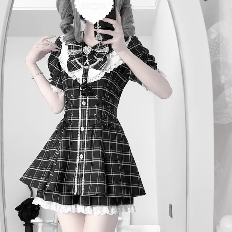Japanese Y2 Aesthetics Vintage Bow Dress Shorts Set Women Gothic Lolita Style Long Sleeve Shirt Dress Elegant Party Dress Suits