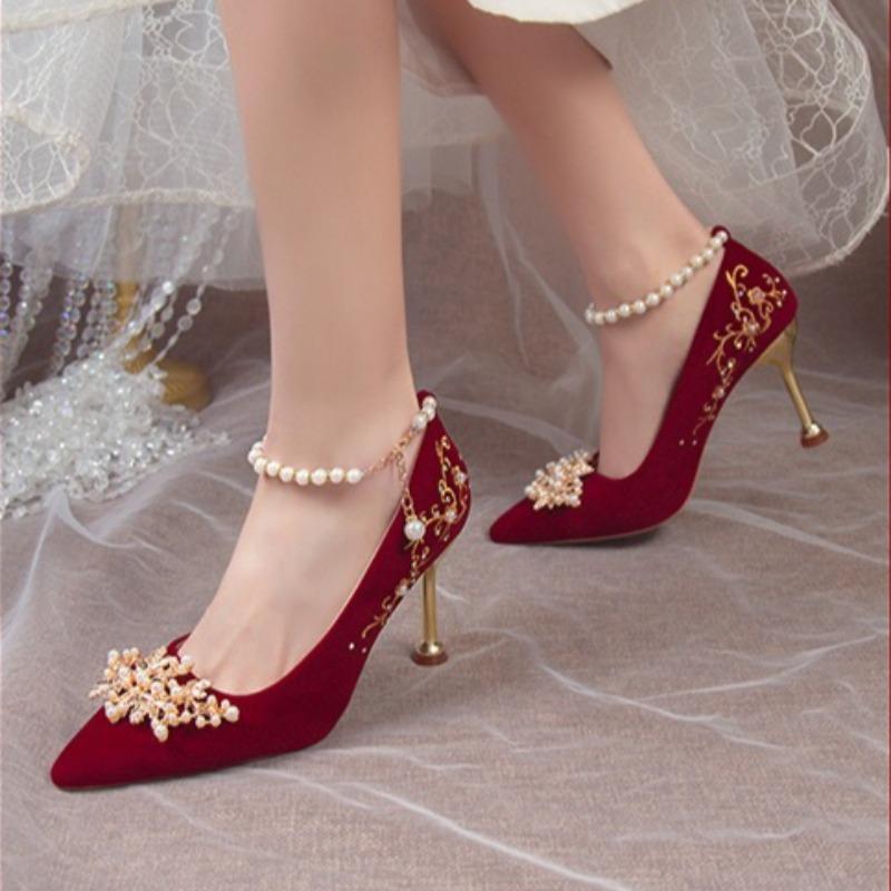 Fashion Women Red High Heel Shoes Elegant Fashion Designer Pointed Tip Fine High Heels Women Water Diamond Banquet Wedding Shoes Tacones