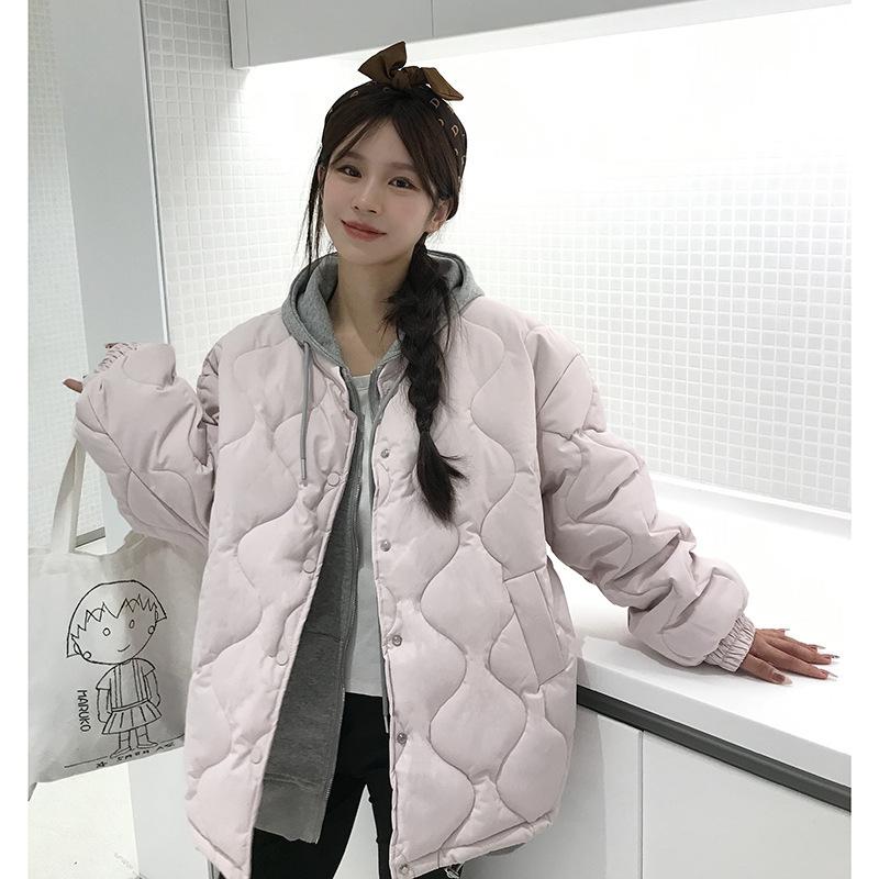 Large Size Small Fragrant Wind Collarless Rhombus Down Cotton Clothes Women's Winter Short Round Neck Thick Coat Design Cotton Clothes
