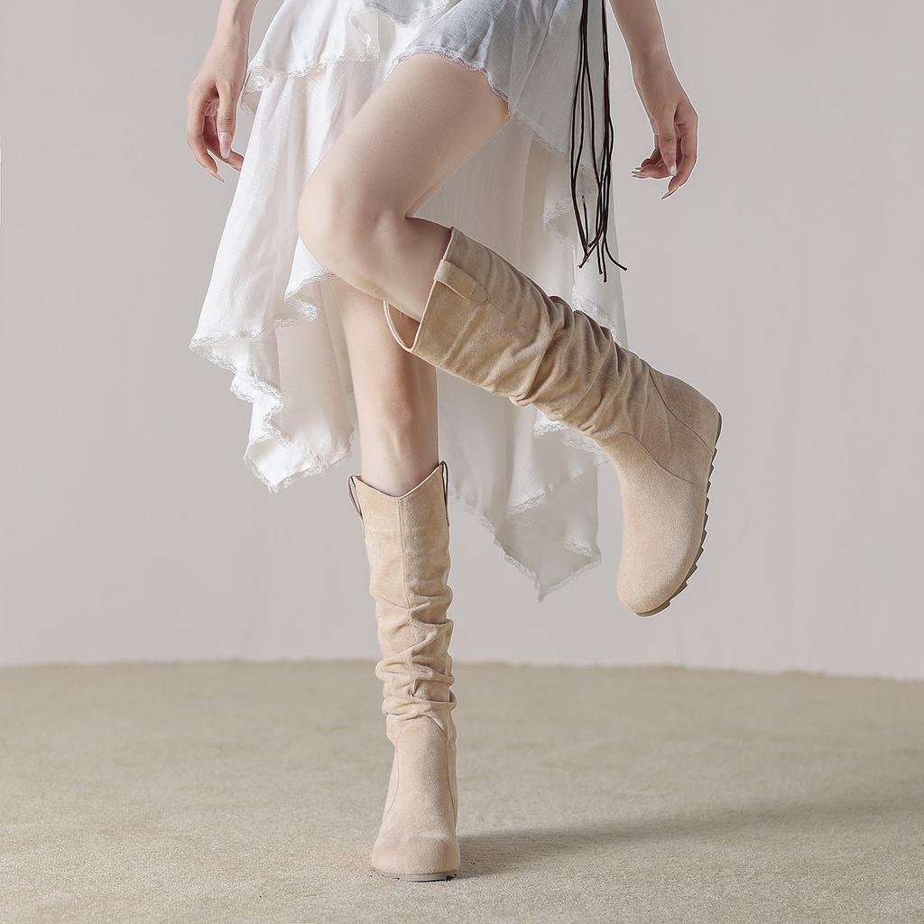 Sheepskin Version 9203-1 Small Round Head Pleated Boots Women's 2025 Autumn and Winter New Temperament Retro Stacking Boots
