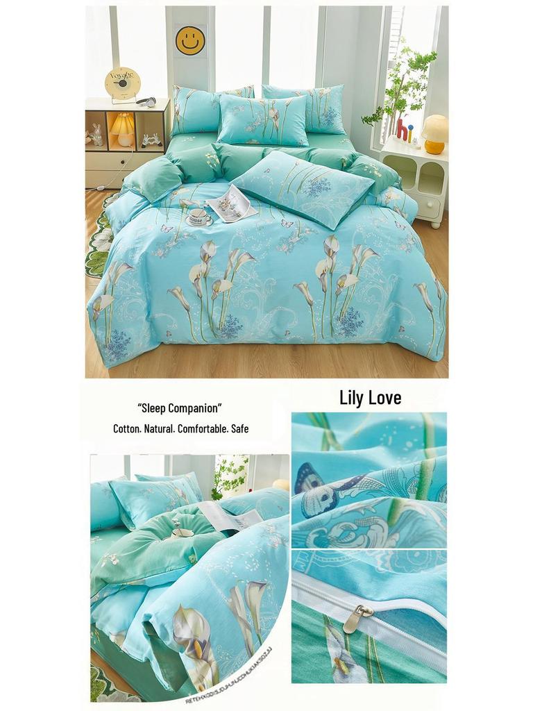 Category A 100% Cotton Double-Sided Bedding Set (4-Piece, Pure Cotton Sheet & Duvet Cover, Dorm Double/Single 3-Piece Set)