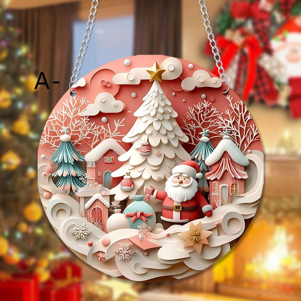 Halloween Themed Santa Claus Snowman Pattern Circular Acrylic Pink Pendant For Festive Home Decor Santa Claus