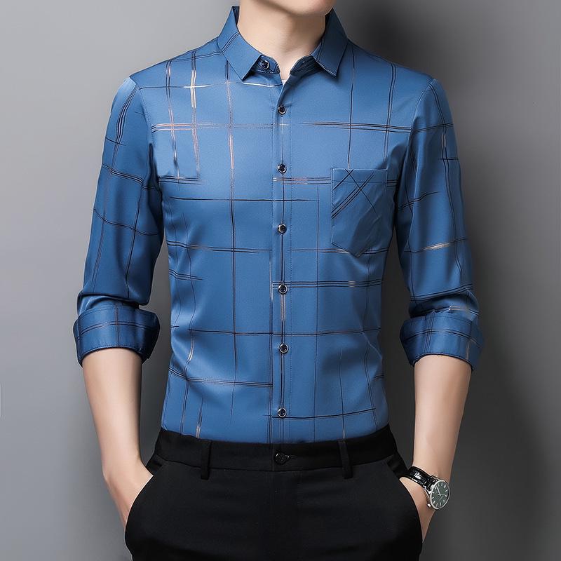 

2025 Trendy Men s Long-Sleeved Business Casual Shirt with Lapel for Spring/Autumn M небесно-голубой