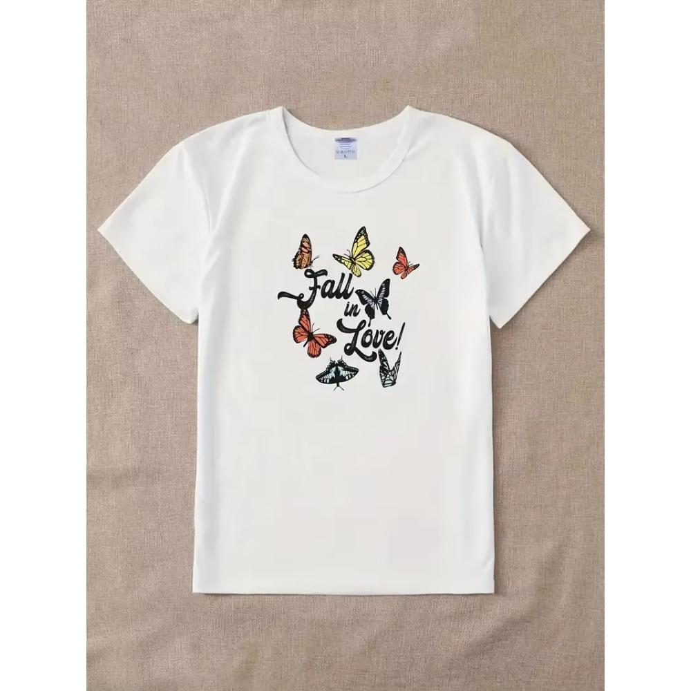 

Butterfly & Letter Print T-Shirt Casual Crew Neck Short Sleeve T-Shirt For Spring & Summer Women s Clothing XXXXXL бежевый