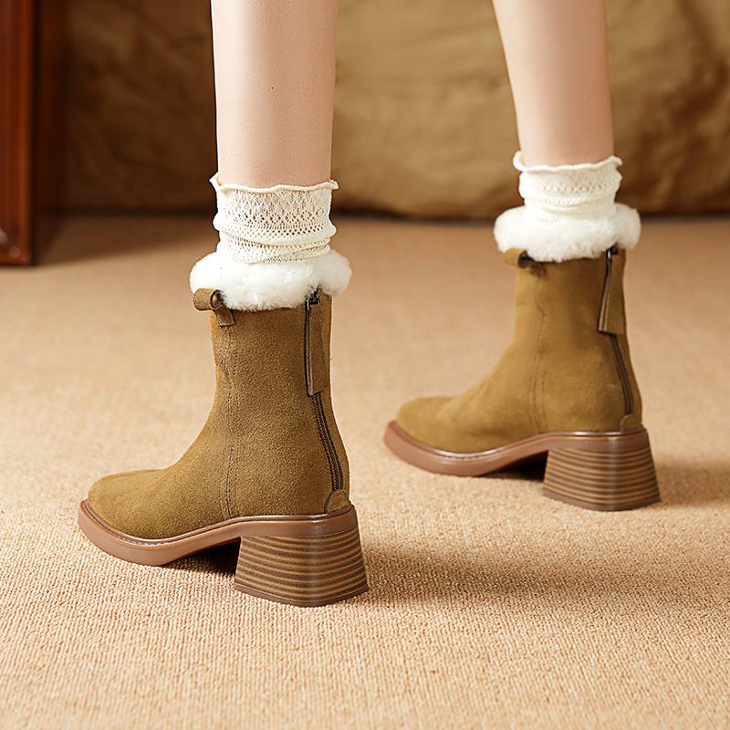 Fashion 2024 Winter Women Boots Cow Suede Women Shoes Round Toe Chunky Heel Short Boots Genuine Leather Ladies Wool Modern Snow Boots