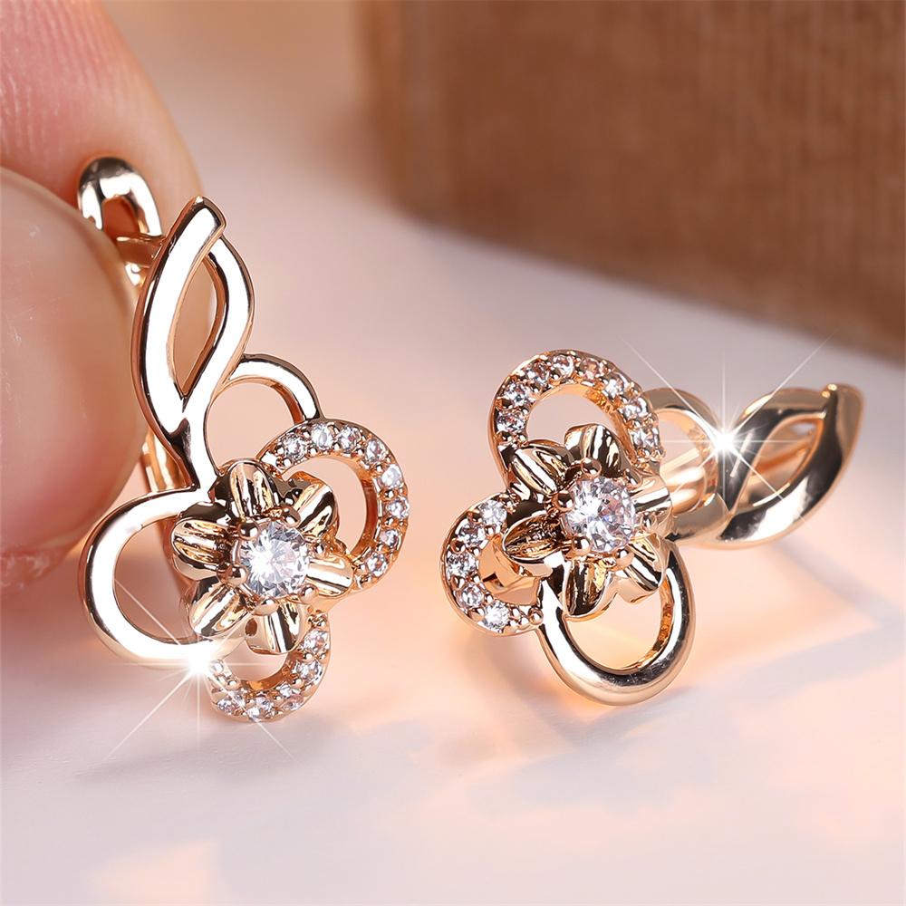 Round Stone White Zircon Hollow Flower Hoop Earrings For Women Vintage Gold Color Small Ear Buckle Wedding Jewelry Gifts