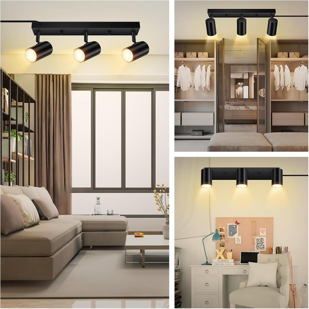 3 Light Track Lighting Kit,Black 3 Way Modern Plug in Ceiling Spotlight,Industrial LED Wall Light for Kitchen Cabinet Gallery Bar Hallway Living