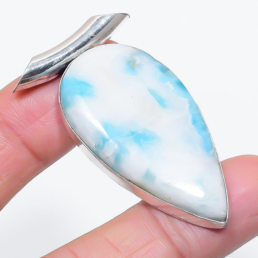 Natural Larimar Gemstone Handmade 925 Sterling Silver Jewelry Pendant 2.09" i5f74
