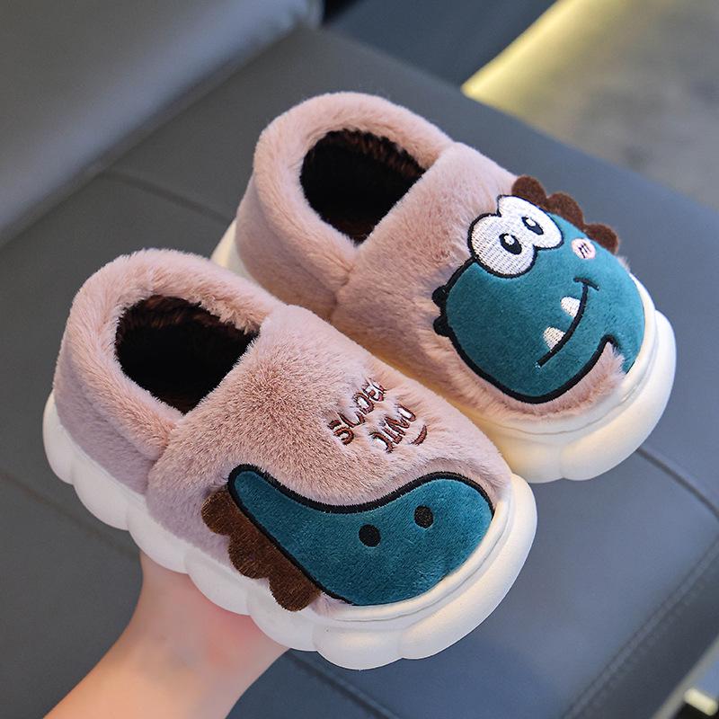 Children's Winter Dinosaur Cotton Shoes with Heel Support, Non-slip Thick Sole, Plus Velvet, Furry, Warm Home Slippers for Boys and Girls.