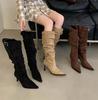 Sexy Pointed Suede Pleated Piled Boots Women's High Heel Fashion Belt Buckle Tall Thin Boots Thin Heel European and American Boots