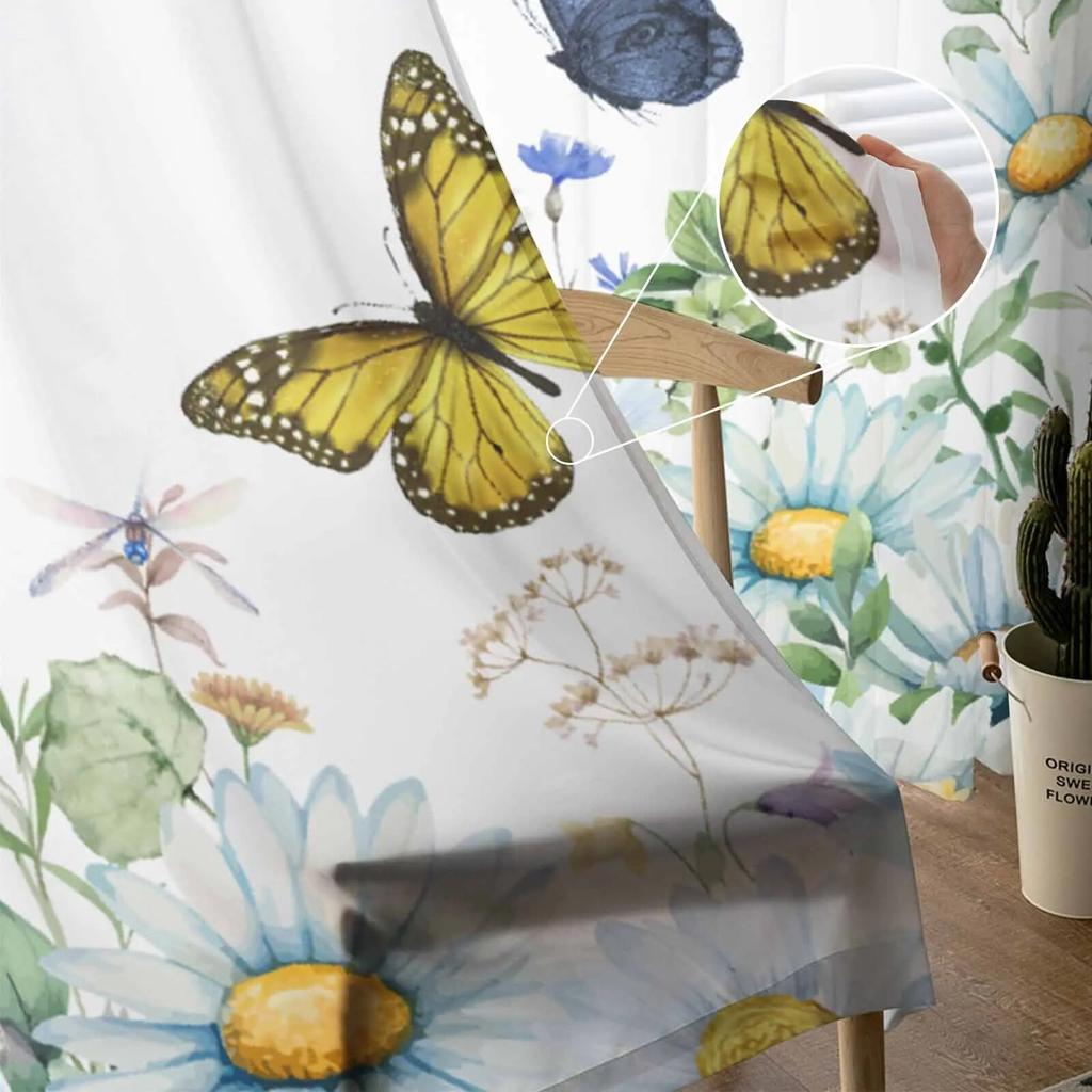 Watercolor Flower Plant Butterfly Tulle Curtains For Living Room Sheer Curtain For Bedroom Kitchen Blinds Voile Curtains