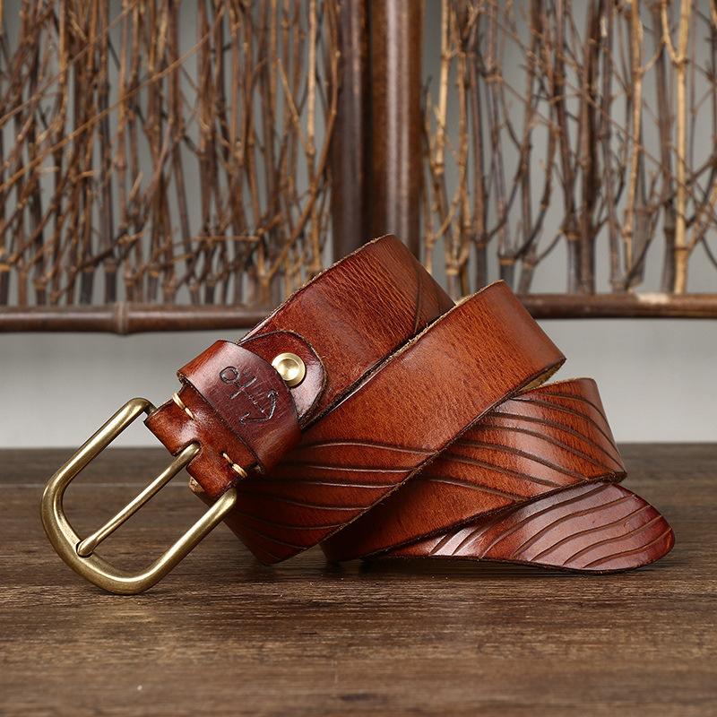 Hand-Carved Trendy Personalized Retro Belt Men'S Genuine Leather Pure Cowhide Casual Versatile Copper Buckle Jeans Belt