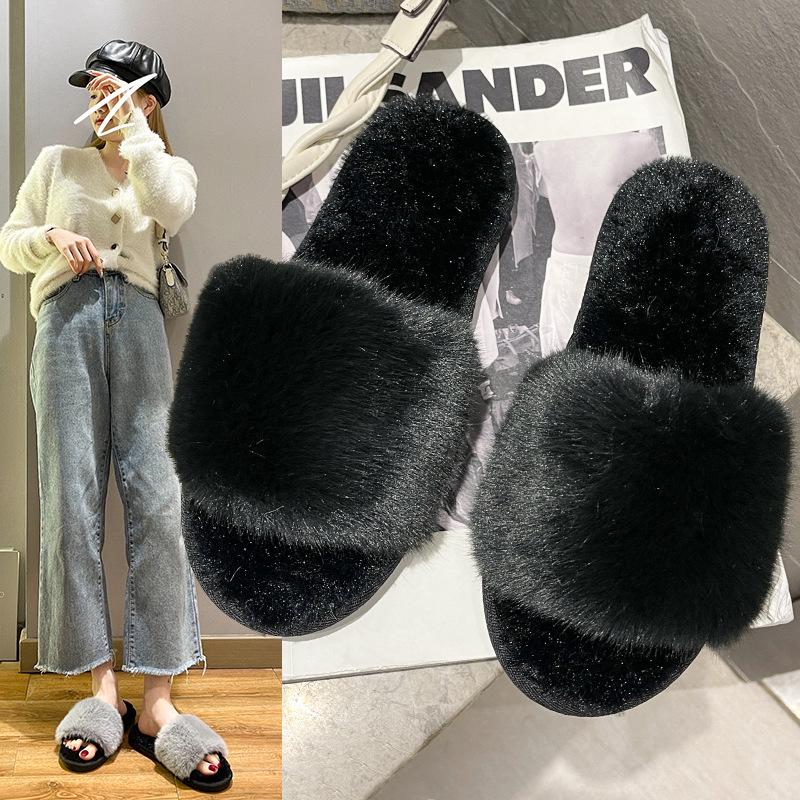 Dames Pluizige Konijnenbont Open Teen Pantoffels - Effen Kleur, Casual Huisstijl