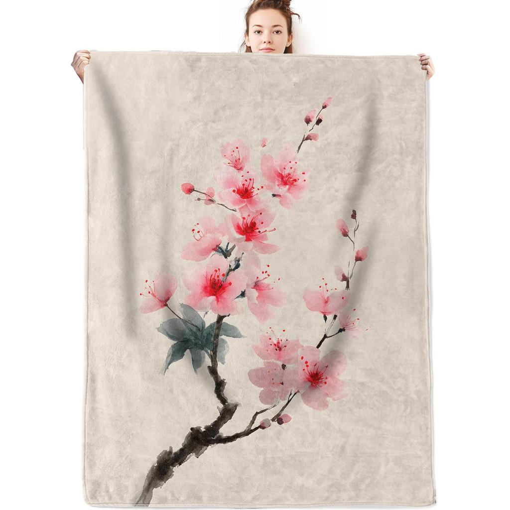 Girl'S Cherry Blossom Wool Blanket Women'S Floral Cherry Blossom Branch Suitable For Bed/Sofa Decoration Soft Plush Blanket