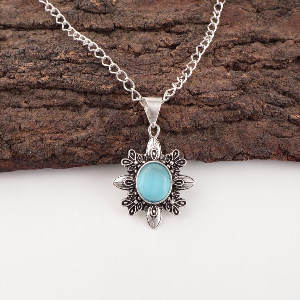 Natura Blue Cat's Eye Gemstone 925 Stamped Silver Jewelry Handmade Pendant 1.62" CP-12-43