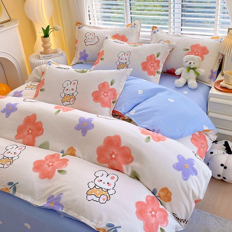 Vierteiliges Bettwäsche-Set, Bettwäsche, Gewaschene Baumwolle Sandgestrahlt Verdickter Bettbezug, Stepplaken, Studentenwohnheim Einzelbettbezug Dreiteiliges Set