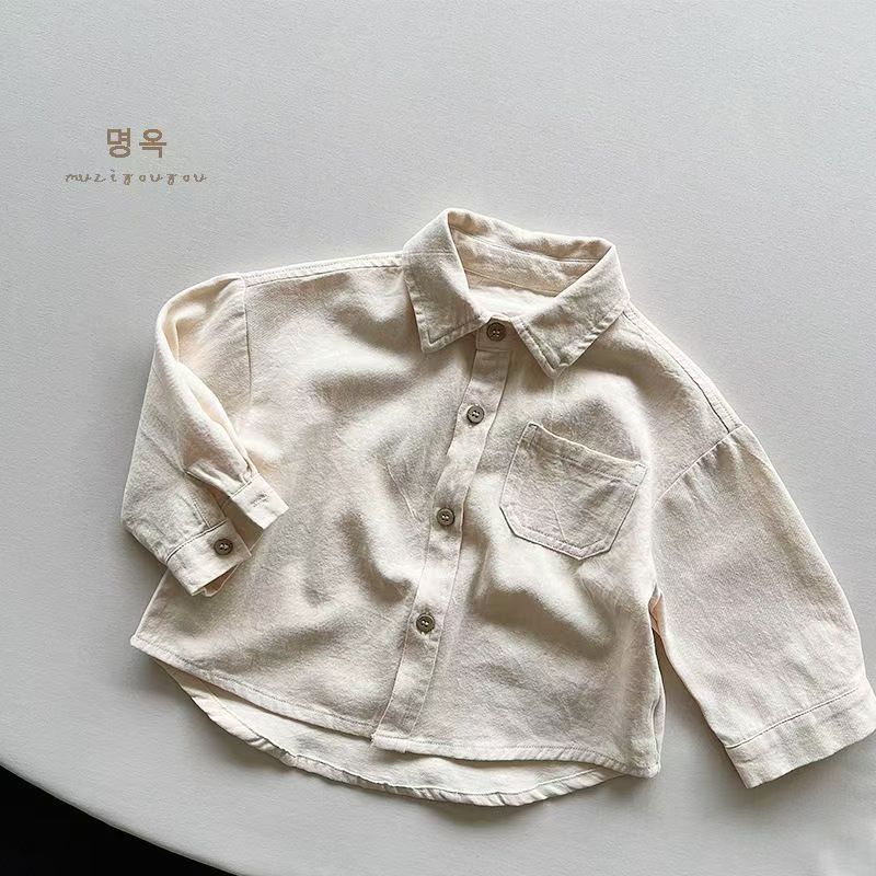 Kids Autumn Solid Long Sleeve Shirt Boys Girls Collar Top Casual Versatile Blouse 80