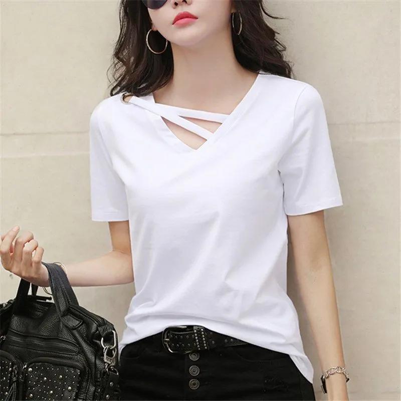 Hollow Chest Bowknot Sweet Korean Version of Slim Cotton Short-sleeved Women's T-shirt Fashion One-shoulder Half-sleeved Top