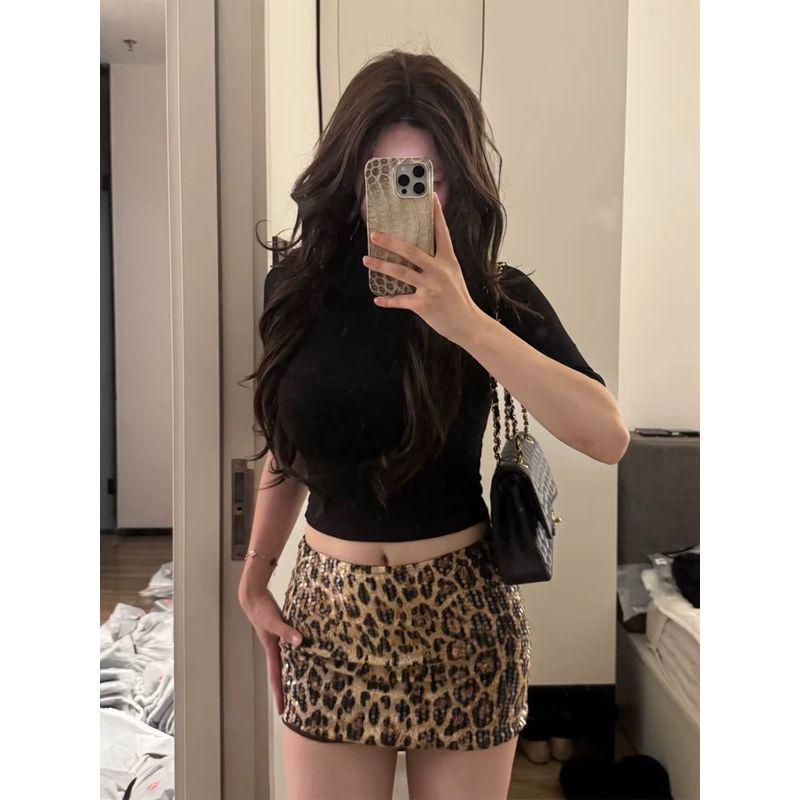 Hong Kong Style Fashion Leopard Print Sequins Short dress 2025 Summer New Gyaru Slim fit Slimming Versatile Sheath Skirt Fashion