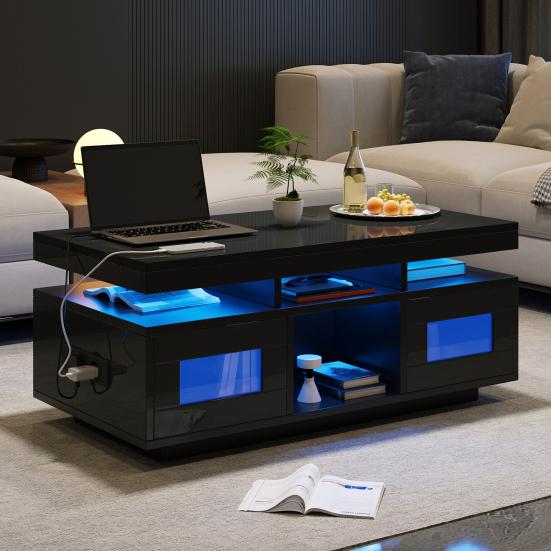 100x50x43cm Schwarzer Hochglanz-Couchtisch, mit steuerbaren LED-Leuchten, Mobile App, Wohnzimmertisch mit Schrank, Sofatisch mit Ladeanschluss und
