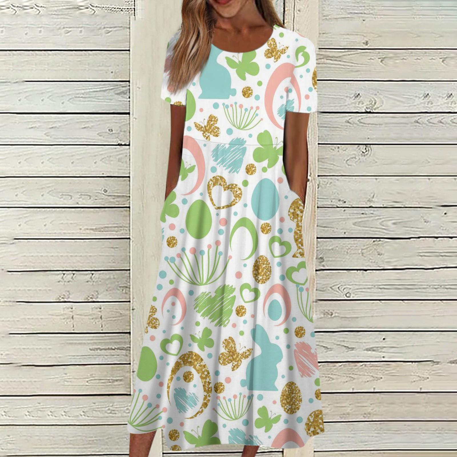 Женское летнее повседневное модное пасхальное платье с коротким рукавом и карманом — фото 7