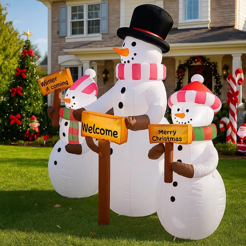 6FT/1.8M Inflatable Snowman Set of Three Holding Holiday Welcome Signs, Christmas Outdoor Yard Decor