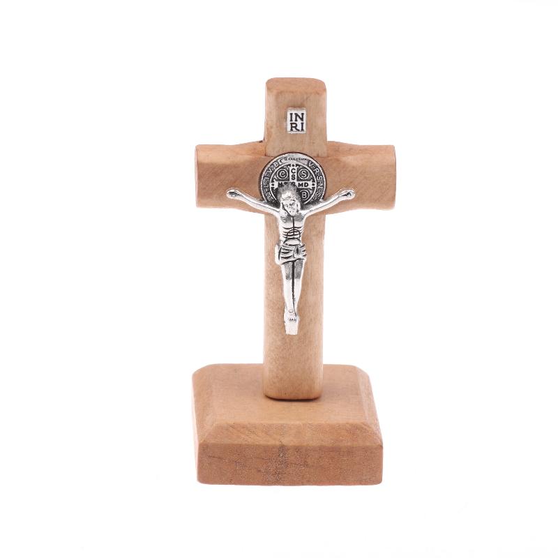 Wooden Cross With Base, Pray For Your Family And Home, Handheld Religious Souvenir Statue Of Jesu On Base