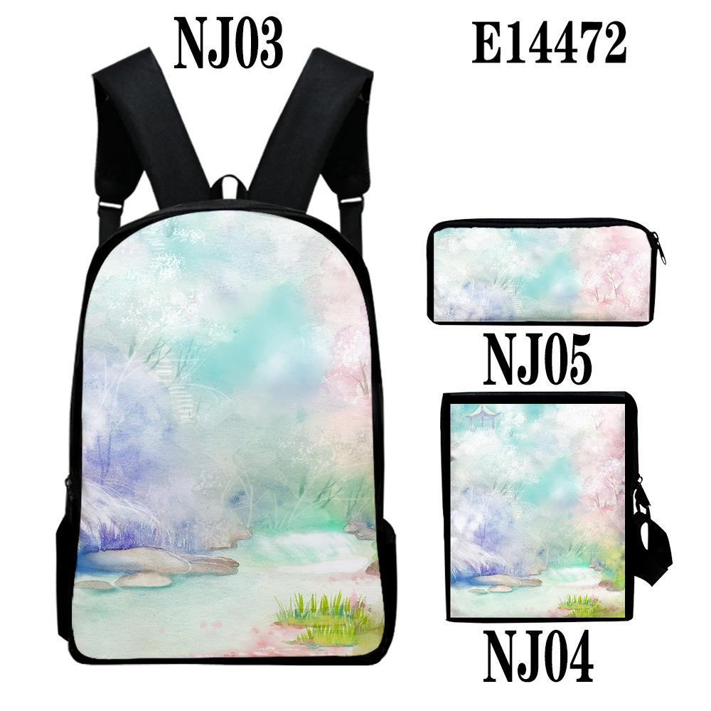 Popular Chinese style ink painting 3D Print 3pcs/Set School Bags Laptop Daypack Backpack Inclined shoulder bag Pencil Case