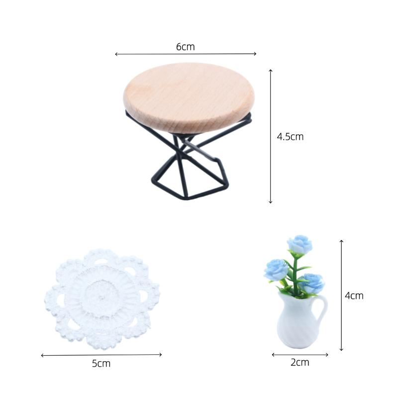 1:12 Scale Miniature Dining Table,Wooden Dollhouse Furniture with Vase & Lace Doily
