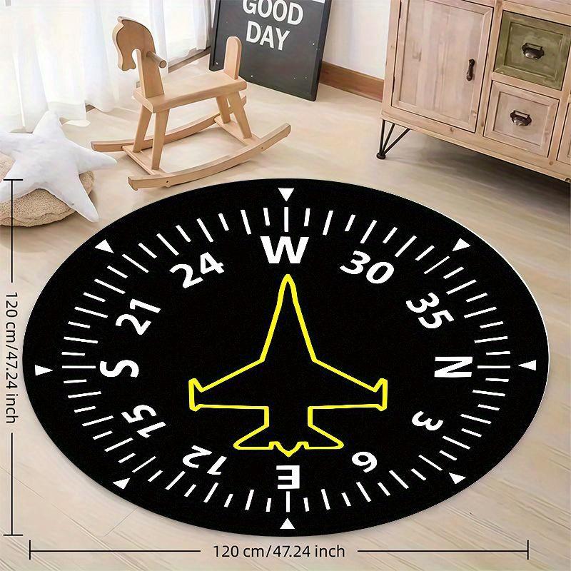 Black Compass Airplane Round Rug Flannel Non Slip Floor Mat Aviation Theme Kids Room Decor Pilot Gift Nursery Playroom Carpet