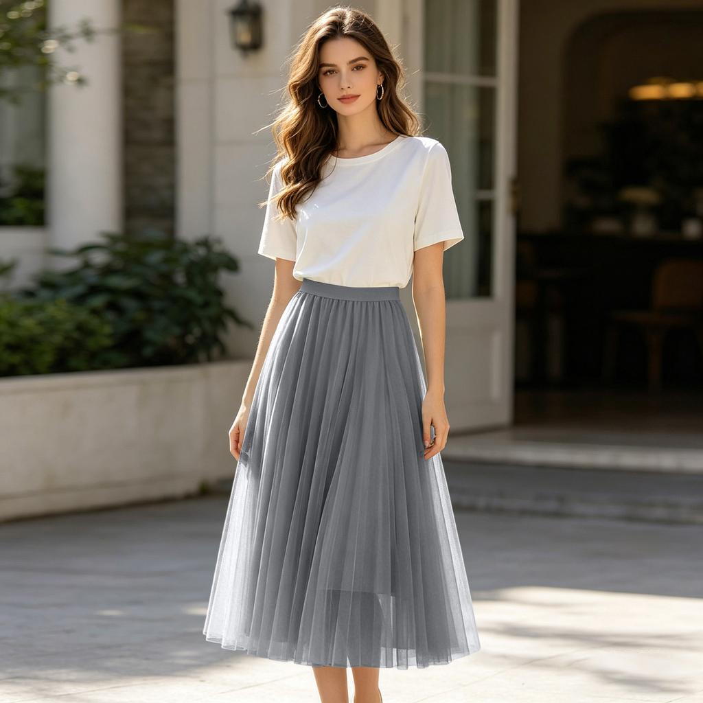 Ladies' Casual And Fashionable Mesh Half Skirt Long Skirt