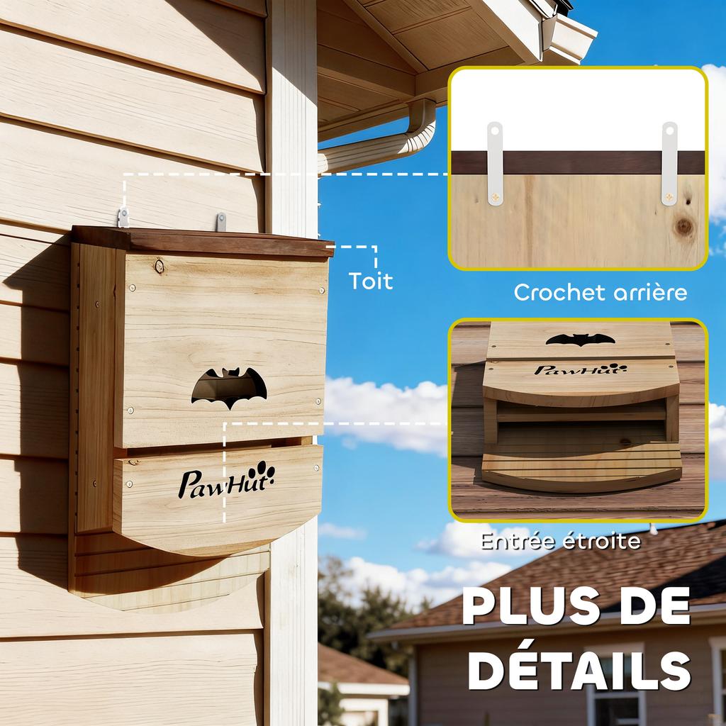 Bat Boxes, Pack of 3 Wooden Bat Houses for Outdoor, Garden, Farm, Easy to Hang, 23 x 9.5 x 36.5 cm, Natural