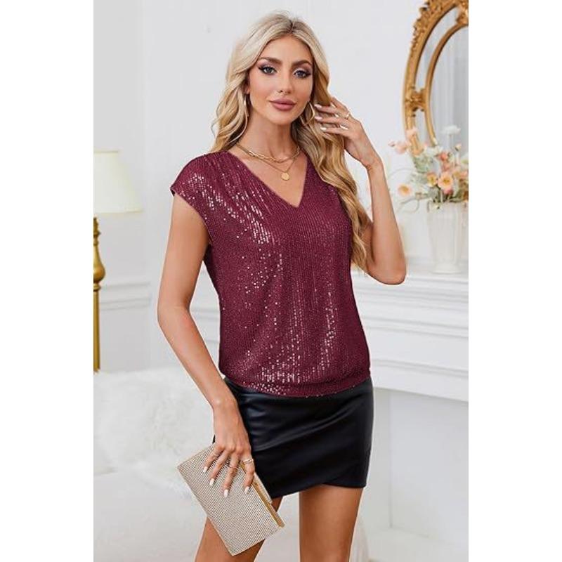 Women Sequined Raglan Sleeve V Neck Solid Color Slim Fit Casual T Shirt Top