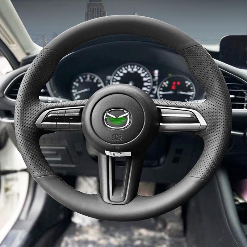Hand Stitched Black Genuine Leather Non-slip Car Steering Wheel Cover For Mazda CX-30 CX30 - Mazda 3 Axela -