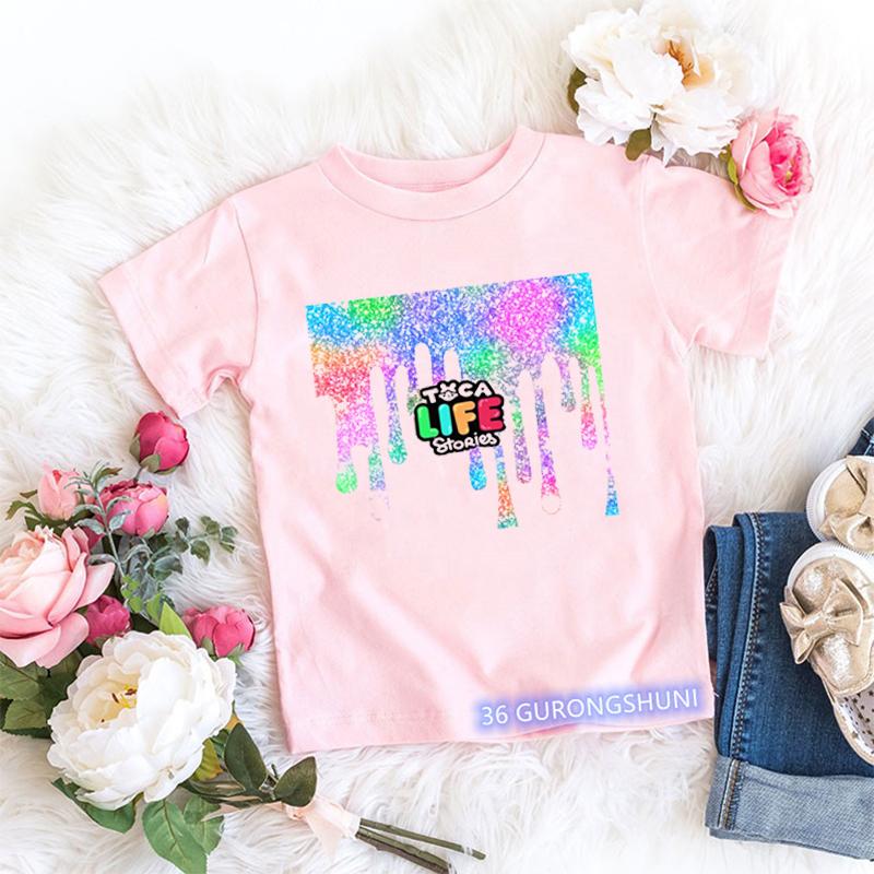 Magliette Kawaii per Bambini Divertenti Stampa Cartone Animato Mondo Toca Videogioco Maglietta per Bambini Piccoli Moda Estiva Magliette per Bambine Top Rosa