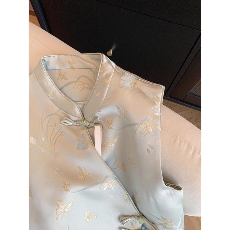 Vintage Jacquard Satin Vest Femininity Stand-Up Collar Premium Stacked Top