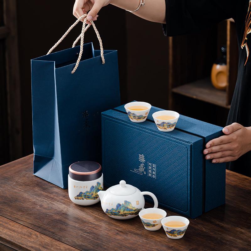 White porcelain tea set, suet jade Xishi pot, kung fu tea set, high-end gift box, business companion gift for customers