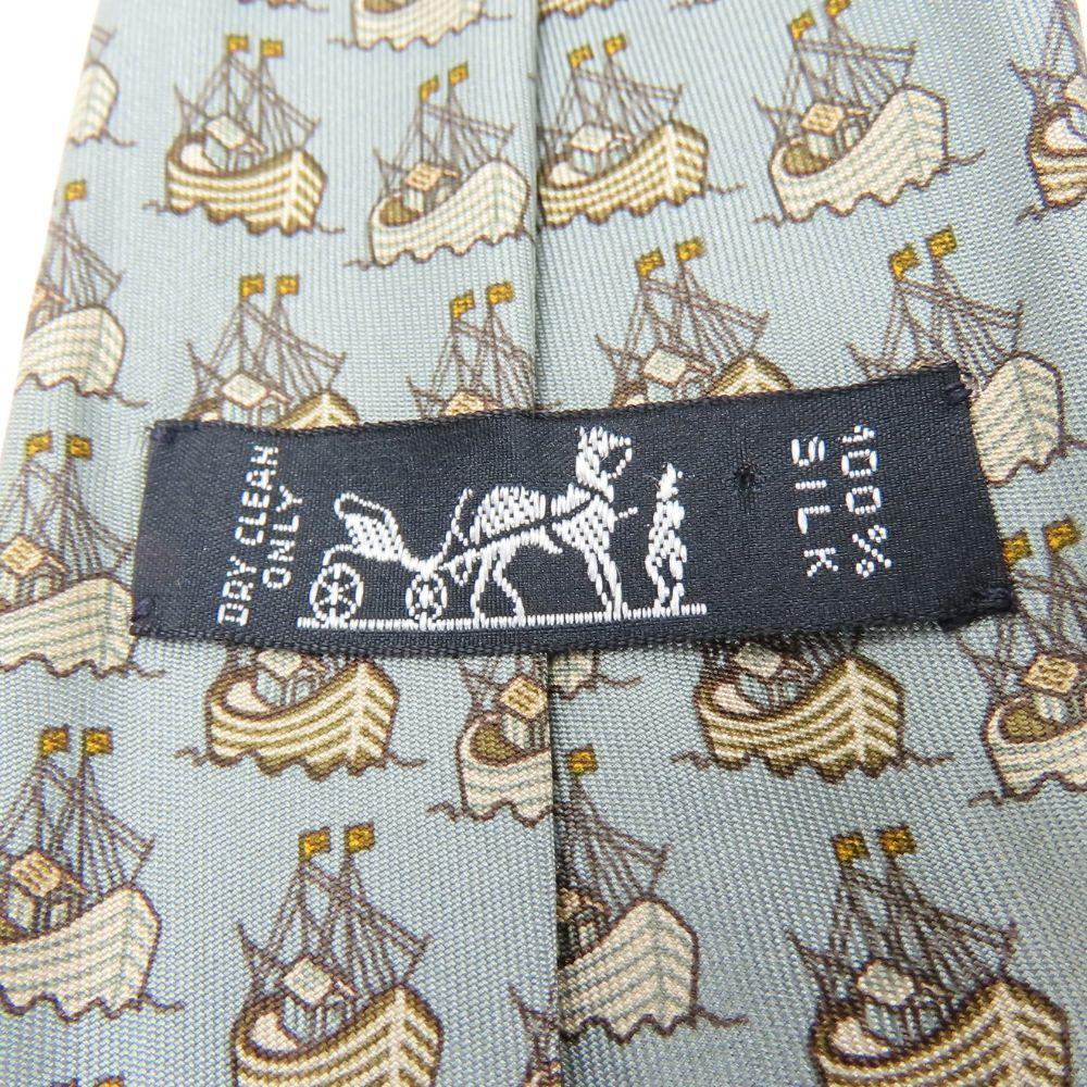 Used HERMES Tie Ship Motif Silk Dark Marks Green Business