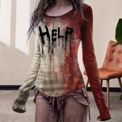 Damen T-Shirt Halloween 3D Effekt Blutdruck Rundhals Langarm T-Shirt Slim Fit Stretchy